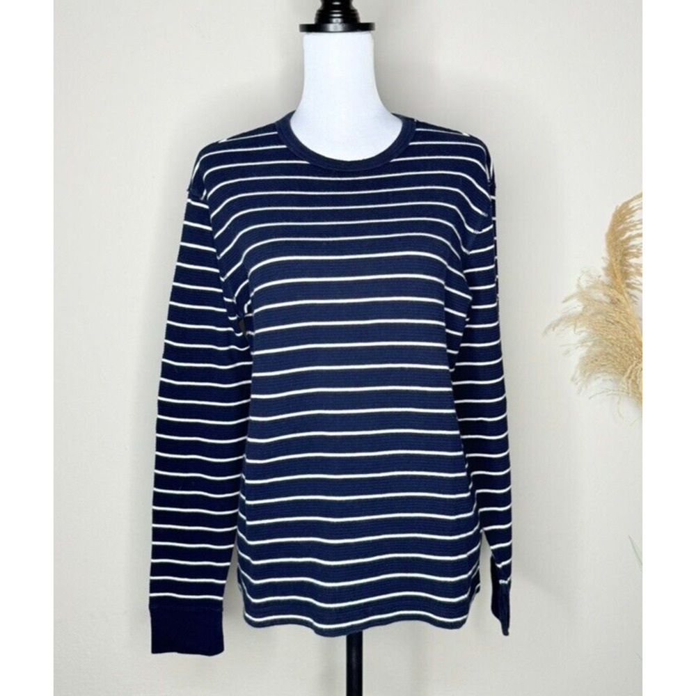 J. Crew Authentic Thermal Gray Pullover Shirt Mens Medium Longsleeve Blue Stripe